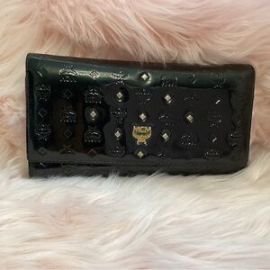 MCM black patent leather studded trifold long wallet in EUC with COA